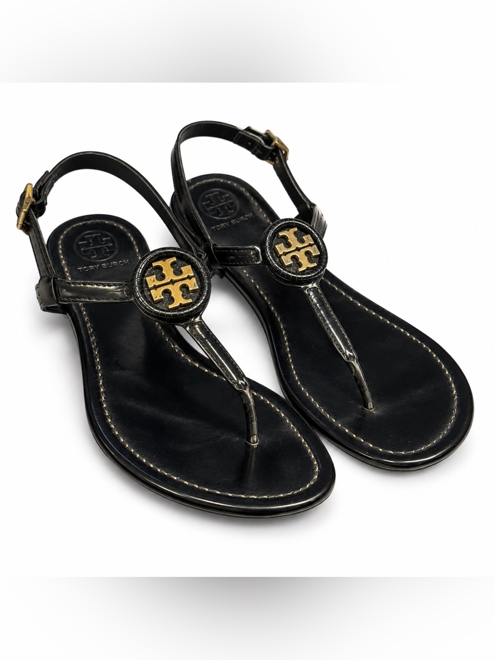 Tory Burch Black Leather Logo Medallion T-Strap Sandals Women’s Size 6.5